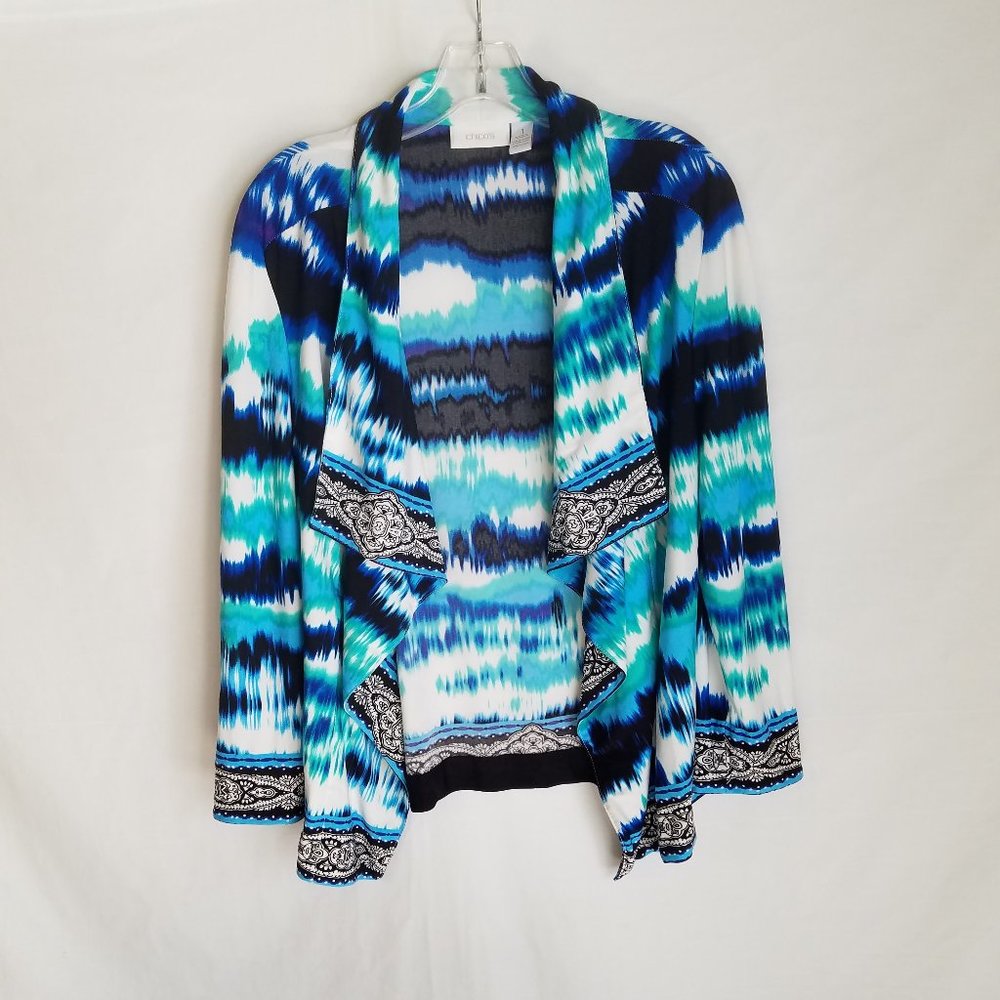 Chicos Abstract Open Front Cardigan Polyester Stretch Womens Size 1 Medium
